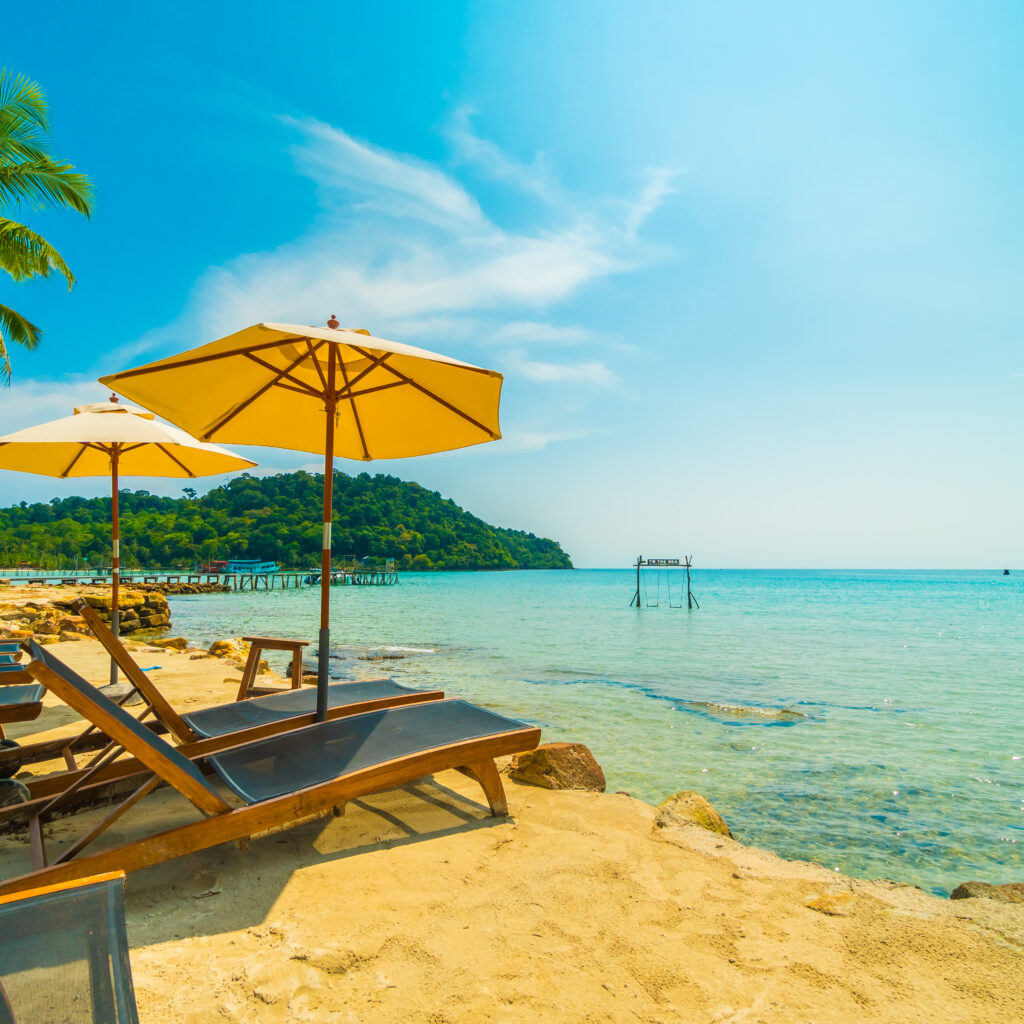 Beautiful tropical beach and sea with coconut palm tree in parad